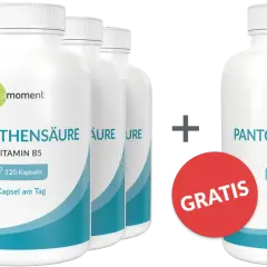 Mehrere Flaschen Pantothensäure, Vitamin B5, 120 Kapseln pro Flasche. Ein Angebot mit "Gratis" Aufkleber.