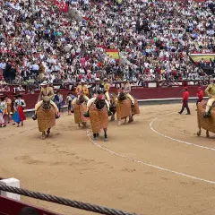 Inicio de que es una corrida de toros: picadores a caballo con caparazones, toreros y público en las gradas.