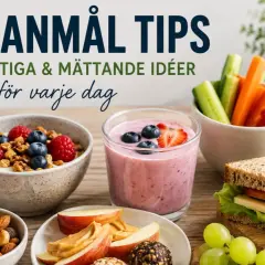 Här är tips på nyttiga mellanmål: yoghurt med bär, smoothie, grönsaksstavar, nötter, äppelklyftor med jordnötssmör och en macka.