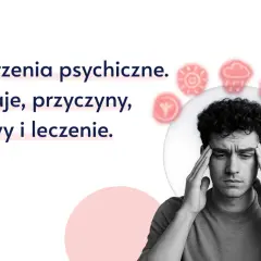 Mężczyzna z rękami na skroniach, otoczony ikonami symbolizującymi problemy psychiczne.