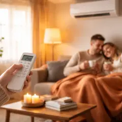 Main tenant ajuste la télécommande clim Toshiba en mode chauffage pour un confort optimal.