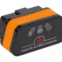 Pomarańczowo-czarny adapter OBD2 Bluetooth z ikonami Bluetooth, samochodu i baterii. Idealny wybór dla diagnostyki pojazdów.