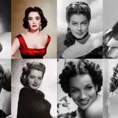 Ocho mujeres icónicas muestran elegantes peinados años 50, con rizos voluminosos y recogidos sofisticados.