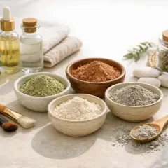 Des bols de différentes argiles (verte, blanche, grise, rouge) et des huiles, prêts pour un soin. C'est quoi l'argile ? Une poudre naturelle aux multiples vertus.
