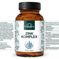 Zink Komplex Kapseln von Unimedica. Die Zinkpicolinat, Zinkcitrat und Zinkbisglycinat Wirkung wird hier hervorgehoben. 90 vegane Kapseln.