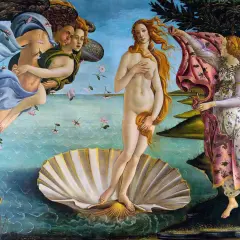 La Venere del Botticelli emerge da una conchiglia, spinta da Zefiro e accolta da una ninfa.