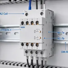 Stycznik, pokazany na szynie DIN, służy do zdalnego sterowania obwodami elektrycznymi, łącząc lub rozłączając główne styki.