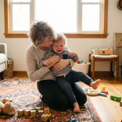 Mama tuli tulikuje, gdy dziecko nie radzi sobie z emocjami. Przytula płaczącego malucha, otoczeni zabawkami.