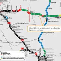 Mapa drogowa z zaznaczoną autostradą A2, drogami S17, S12, S7 i innymi. Widoczne miasta: Warszawa, Siedlce, Lublin, Radom.