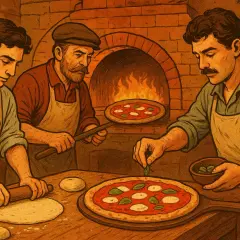 Trzech kucharzy w tradycyjnych strojach przygotowuje pizzę przy piecu. Czy to oni wymyślili pizzę?