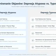 Porównanie objawów depresji atypowej i typowej: reaktywność nastroju, apetyt, senność, paraliż ołowiany, nadwrażliwość na odrzucenie.