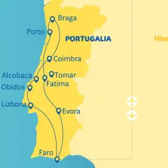 Mapa Portugalii z zaznaczonymi miastami: Porto, Braga, Coimbra, Tomar, Fatima, Lizbona, Obidos, Alcobaca, Evora, Faro.