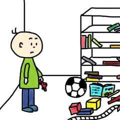 Ein Junge steht vor einem Bücherregal voller Spielzeug. Er hält einen roten Schlüssel in der Hand, der ihm helfen soll, Ordnung im Kinderzimmer zu schaffen.