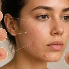 Gros plans sur différents types d'imperfections cutanées, montrant comment enlever les boutons et retrouver une peau nette.