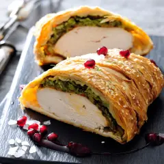 Pyszny kurczak w cieście francuskim z mozzarellą, zielonym farszem i granatem.