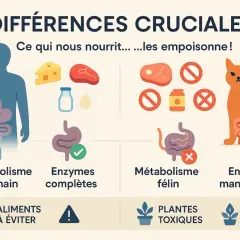 Illustration comparant le métabolisme humain et félin. Ce qui nourrit l'homme peut être un poison pour chat, avec des aliments à éviter et des plantes toxiques.