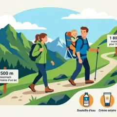 Un couple fait une randonnée avec bébé dans un porte-bébé, profitant des montagnes. Conseils pour la randonnée avec bébé.