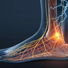 Rappresentazione anatomica dei nervi del piede, con scariche elettriche che indicano dolore o stimolazione.