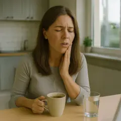 Donna con mano sulla guancia, viso sofferente, forse per un palato infiammato. Tazza di tè e bicchiere d'acqua sul tavolo.