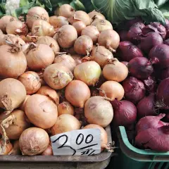 Stoisko z cebulą. Jasna i czerwona cebula, cena 2,00.