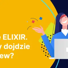 Uśmiechnięta osoba z laptopem czeka na przelew w sesjach ELIX. Zegar wskazuje, że czas płynie.
