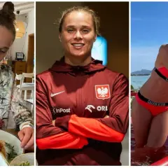 Ewa Pajor, uśmiechnięta piłkarka, w stroju sportowym i bikini.