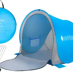 Namiot plażowy typu pop-up w kolorze niebieskim, rozłożony, z akcesoriami.
