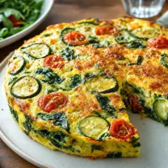 Une délicieuse quiche sans pâte courgette, épinards et tomates cerises, servie avec une salade verte.