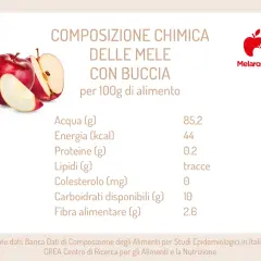Una mela rossa, con buccia, apporta 44 kcal per 100g. Dettagli nutrizionali di questo frutto.