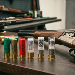 Różne rodzaje amunicji śrutowej: naboje z drobnym śrutem, śrutem typu buckshot i pociskiem typu slug, obok strzelby.