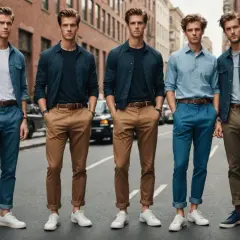 Pięciu mężczyzn w casualowych stylizacjach, prezentujących różne sposoby, jak podwinąć spodnie, aby uzyskać modny wygląd.