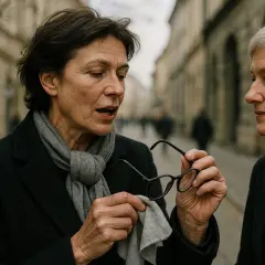 Dwie kobiety rozmawiają na ulicy. Jedna z nich, z ciemnymi włosami, czyści okulary. Idealne okulary po 50. dla każdej z nich.