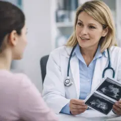 Lekarka omawia wyniki badań, wyjaśniając pacjentce, co oznacza birads 2.