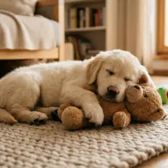 Uroczy szczeniak rasy golden retriever śpi wtulony w pluszowego misia. Widać, ile śpi szczeniak, bo jest bardzo zmęczony po zabawie.