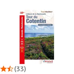 Guide de randonnée "Tour du Cotentin" avec une photo de paysage côtier normand. Plus de 25 jours de marche.