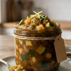 Un bocal de chutney de courgettes, garni de gingembre et de poivre, prêt à être dégusté.