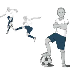 Ilustracja chłopca z piłką i dwóch piłkarzy w ruchu.