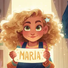 Uśmiechnięta dziewczynka z kręconymi blond włosami trzyma tabliczkę z napisem "MARIA". To krótkie imię dla dziewczynki, które pasuje do jej radosnej osobowości.