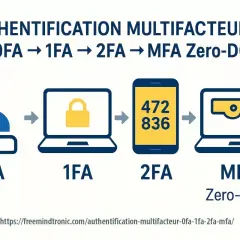 Illustration de l'évolution de l'authentification : OFA, 1FA (verrou), 2FA (téléphone avec code), MFA Zero-DOM (ordinateur avec badge de sécurité). La mfa sécurité renforce la protection.