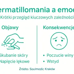 Dermatillomania: objawy (skubanie skóry, napięcie lękowe) i konsekwencje (poczucie winy, wstyd).