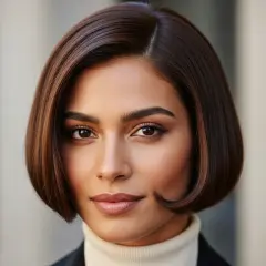 En kvinna med en elegant, mörkbrun bobfrisyr. Hon har en polerad look som kan inspirera frågan: vilken frisyr passar mig?