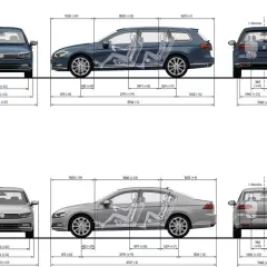 Wymiary kombi i sedana VW Passat segmentu D. Widok z przodu, z boku i z tyłu z zaznaczonymi wymiarami i przestrzenią dla pasażerów.