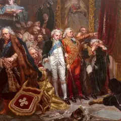 Malarstwo historyczne przedstawiające dramatyczną scenę z udziałem szlachty i wojskowych. W centrum uwagę przykuwa postać w czerwonym stroju, wskazująca palcem.