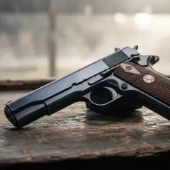 Pistolet z drewnianą okładziną i kilkoma nabojami na drewnianym stole. Spust pistoletu jest widoczny.