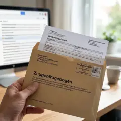 Mann hält einen Zeugenfragebogen in der Hand, der per Post kam. Wahrscheinlich wegen eines Blitzers. Ein Computer mit E-Mails ist im Hintergrund zu sehen.
