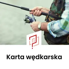 Wędkarz trzymający wędkę i kołowrotek, gotowy do łowienia. Na dole widnieje napis "Karta wędkarska".