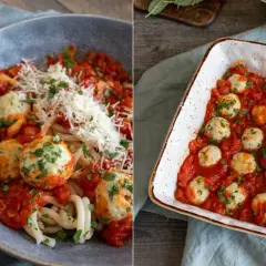 Leckeres polpette rezept: Nudeln mit Hackbällchen in Tomatensauce, garniert mit Parmesan und Petersilie. Daneben eine Auflaufform mit vielen Hackbällchen in Sauce.