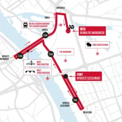 Trasa new balance bieg na piątkę w Warszawie: start na Wybrzeżu Szczecińskim, przez Most Świętokrzyski, obok PGE Narodowego, meta na Błoniach.
