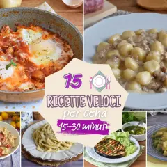 Collage of quick Italian dinner dishes: eggs in tomato sauce, gnocchi, pasta, grilled eggplant, and more.