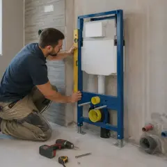 Fachowiec sprawdza poziomem stelaż podtynkowy montaż. Widać narzędzia i elementy instalacji.